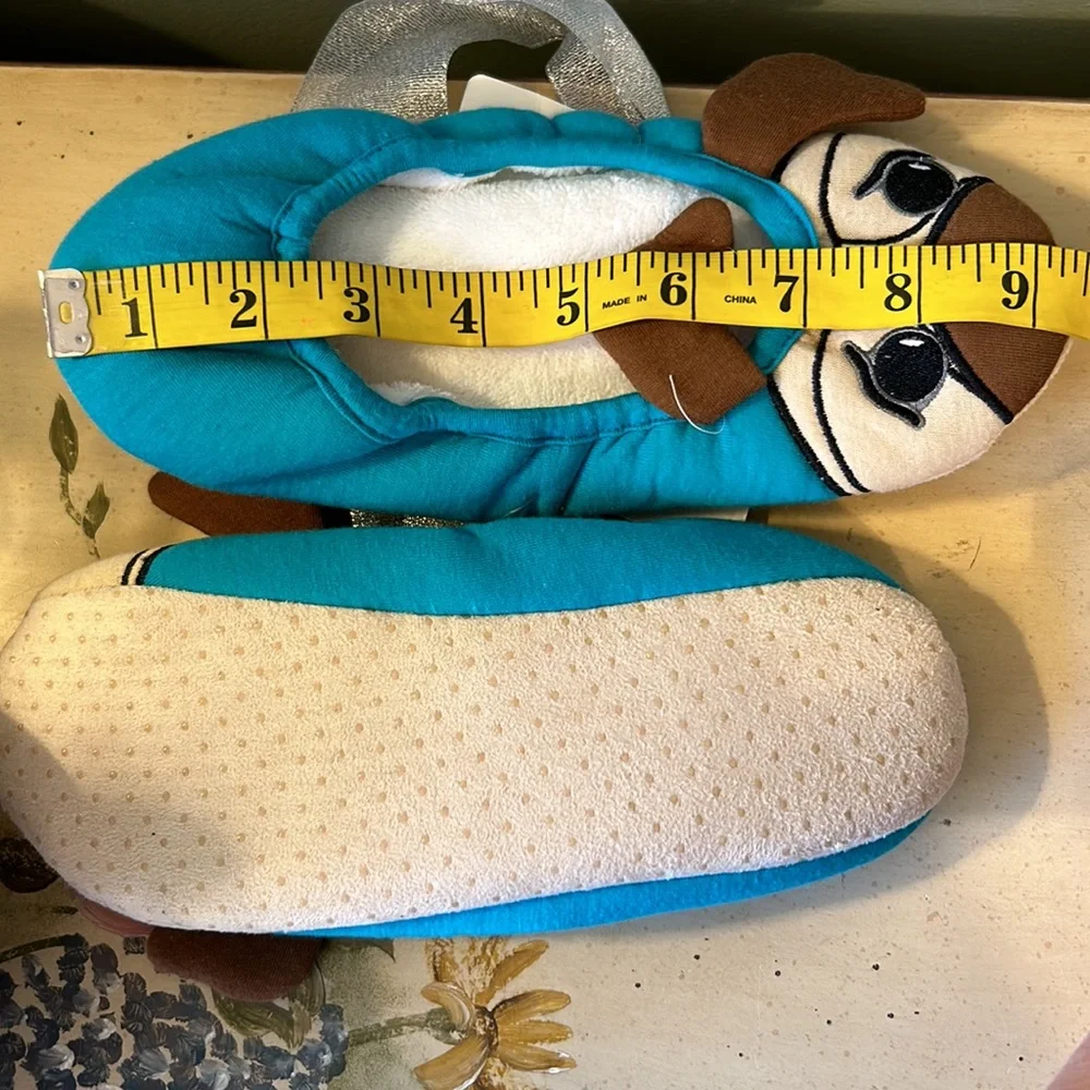 Pug Dog Blue Tan Brown Embroidered Slippers New NWT